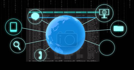 Photo for Image of globe with icons and data processing. Global networks, digital interface, data processing and connections concept digitally generated image. - Royalty Free Image