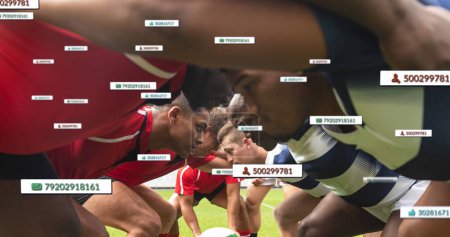 Photo for Image of media icons over diverse male rugby players playing at stadium. sport and social media concept digitally generated image. - Royalty Free Image
