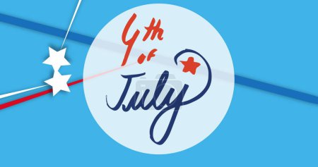 Bild vom 4. Juli Text über Sterne und Streifen auf blauem Hintergrund. Unabhängigkeitstag, Patriotismus und Feierkonzept digital erzeugtes Image.