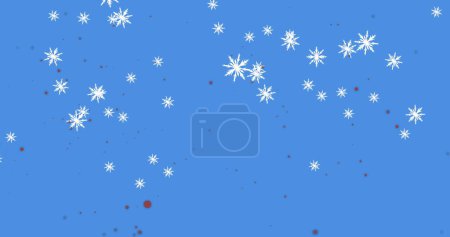 Téléchargez les photos : Image de flocons de neige tombant avec des taches rouges sur fond bleu. Noël, hiver et concept de célébration image générée numériquement. - en image libre de droit