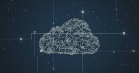 Foto de Icono de nube de la red de conexiones contra senderos de luz contra fondo azul. concepto de almacenamiento y tecnología de datos en la nube - Imagen libre de derechos
