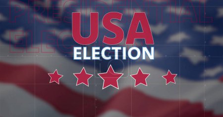 Photo for Image of usa election text over badge and flag of usa. Elections, democracy, american patriotism and voting concept digitally generated image. - Royalty Free Image