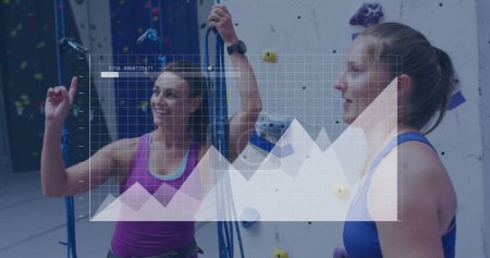 Photo for Image of data processing over caucasian women by climbing wall. Global sports, science, computing, digital interface and data processing concept digitally generated image. - Royalty Free Image