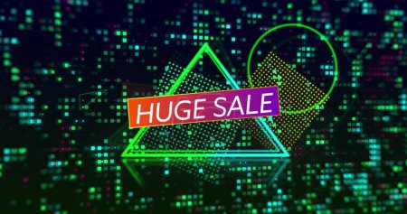 Bild des riesigen Verkaufs über Dreieck und schwarzem Hintergrund mit Punkten. Einkaufs-, Verkaufs- und Promotionskonzept digital generiertes Image.