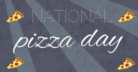 Image of national pizza day text and pizza icons over grey background. celebration and digital interface concept digitally generated image.