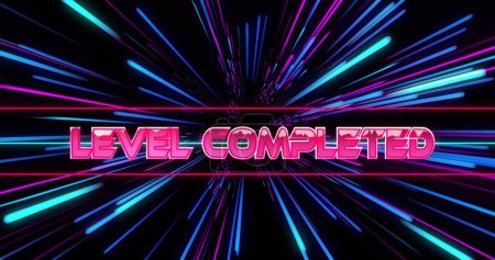 Image of level completed over pink and blue neon light trails. Global image game, connections, computing and data processing concept digitally generated image.
