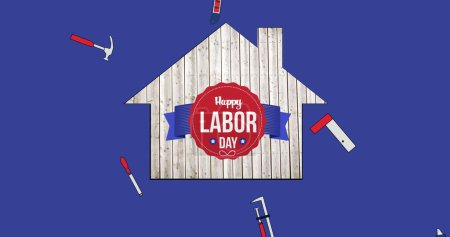 Photo for Image of happy labor day text over tools icons and house. labor day and celebration concept digitally generated image. - Royalty Free Image