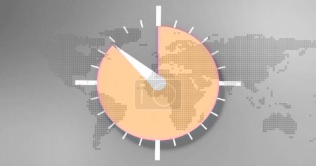 Téléchargez les photos : Image d'une icône d'horloge orange mesurant le temps sur une carte du monde en arrière-plan - en image libre de droit