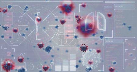 Téléchargez les photos : Image de cellules macro Covid-19 flottant sur fond blanc avec des icônes blanches montrant une silhouette humaine et des poumons. Coronavirus Covid-19 pandémie concept composite numérique. - en image libre de droit