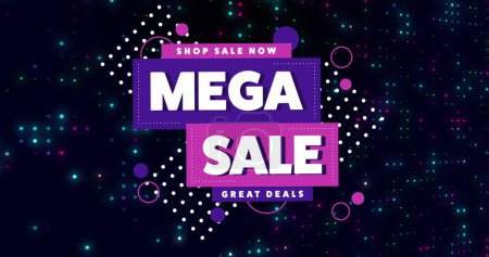Bild von Mega-Verkäufen auf schwarzem Hintergrund mit rosa, blauen und grünen Lichtern. Einkaufs-, Verkaufs- und Promotionskonzept digital generiertes Image.