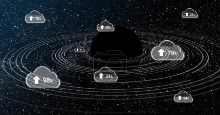 Téléchargez les photos : Image de la planète noire et des nuages avec téléchargement dans l'espace noir. Cloud computing, planètes, cosmos et univers concept image générée numériquement. - en image libre de droit