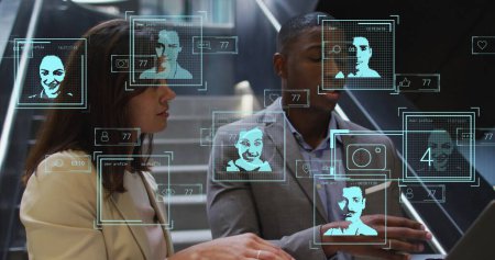 Image of people icons over diverse business people in office. Global business and digital interface concept digitally generated image.
