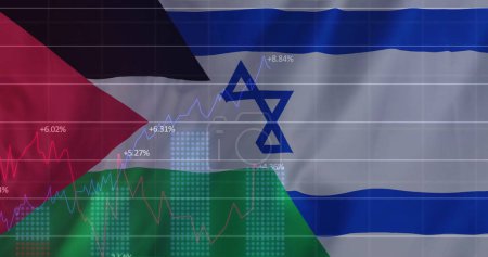 Téléchargez les photos : Image du traitement des données financières sur le drapeau de palestine et israël. Palestine Israël conflit, finance, commerce et politique mondiale concept image générée numériquement. - en image libre de droit