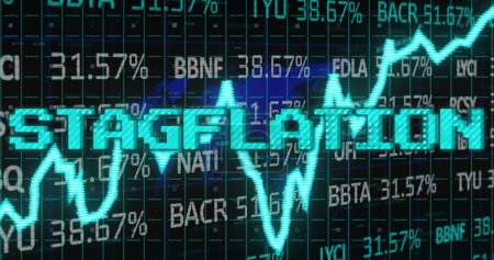 Image of stagflation text in blue over graph and financial data processing. Global business economy, stagnation, inflation and digital communication concept digitally generated image.