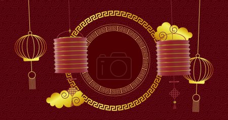 Image of lanterns and chinese pattern with copy space on red background. Chinese new year, festivity, celebration and tradition concept digitally generated image.