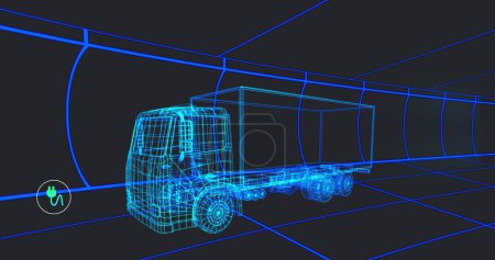 Foto de Imagen de múltiples iconos digitales sobre el modelo de camión 3d que se mueve en patrón sin costuras en un túnel. Ingeniería automotriz y concepto de energía sostenible - Imagen libre de derechos