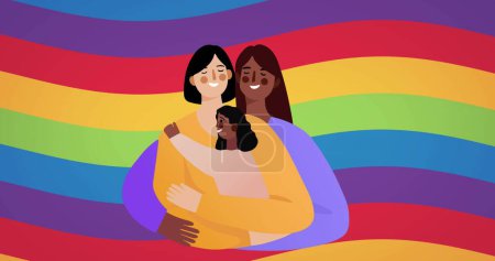 Photo for Image of lesbian couple with child over rainbow background. Pride month, lgbt, equality and human rights concept digitally generated image. - Royalty Free Image