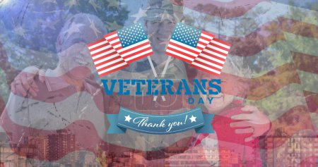 Foto de Imagen del texto del día de los veteranos sobre soldado con padres y bandera americana. patriotismo y concepto de celebración imagen generada digitalmente. - Imagen libre de derechos