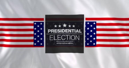 Bild der Präsidentschaftswahl, US-Text über amerikanischen Flaggen auf schwenkendem weißem Hintergrund. Amerika, Demokratie, Wahlen, Regierung, Politik und Kommunikation, digital generiertes Image.