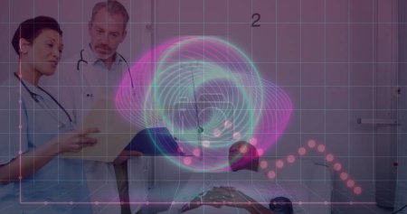 Image of data processing and shapes over patient and diverse doctors talking. Global medicine and digital interface concept digitally generated image.