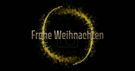 Photo for Image of frohe weihnachten text and circle of light trail on black background. Christmas, tradition, celebration movement and colour concept digitally generated image. - Royalty Free Image