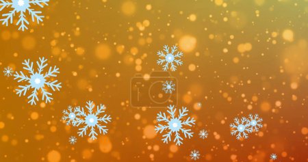 Téléchargez les photos : Image de flocons de neige sur des taches claires sur fond orange. Concept hiver, lumière et mouvement image générée numériquement. - en image libre de droit