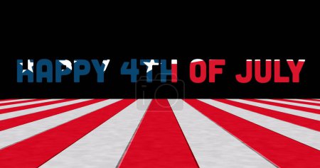 Téléchargez les photos : Image d'heureux 4ème de texte juillet sur des rayures rouges et blanches sur fond noir. Jour de l'indépendance, patriotisme et concept de célébration image générée numériquement. - en image libre de droit