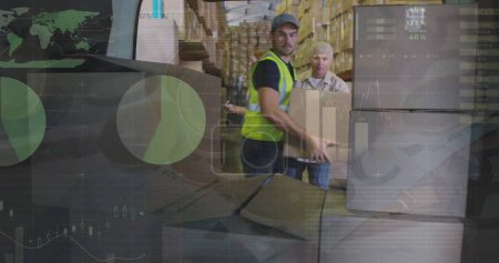 Image of data processing over caucasian delivery man packing boxes. Global shipping and delivery concept digitally generated image.