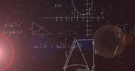 Photo for Image of mathematical equations appearing on moving on night sky with stars in the background. Education back to school and schooling concept digitally generated image. - Royalty Free Image