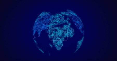 Foto de Imagen digital de globo hecha de red de conexión girando sobre fondo azul. Redes globales y concepto de conexión - Imagen libre de derechos