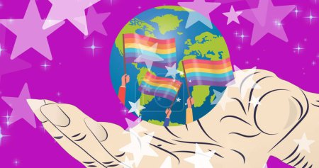 Foto de Imagen de estrellas sobre banderas de arco iris y globo con mano sobre fondo púrpura. mes de orgullo y concepto de celebración imagen generada digitalmente. - Imagen libre de derechos