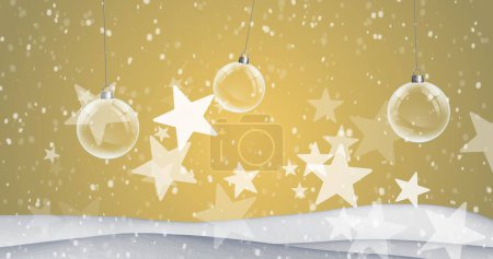 Image of christmas bubbles and stars with snow falling on yellow background. Christmas, tradition and celebration concept digitally generated image.