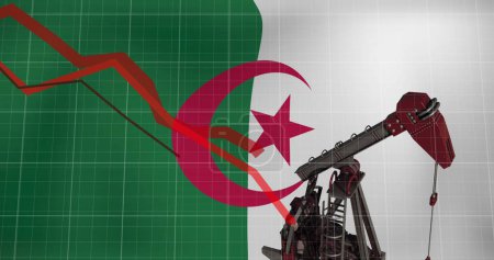 Photo for Image of financial data processing and flag of algeria over oil pump. Global finances, business and digital interface concept digitally generated image. - Royalty Free Image