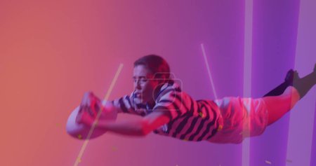 Image of neon lights over female rugby player on neon background. Sports and communication concept digitally generated image.