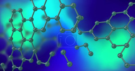 Foto de Imagen de micro 3D de moléculas sobre fondo azul y verde. Concepto de ciencia, investigación y conexiones globales imagen generada digitalmente. - Imagen libre de derechos