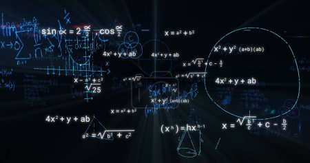 Photo for Image of mathematical equations on black background. Education, learning, knowledge, science and digital interface concept digitally generated image. - Royalty Free Image