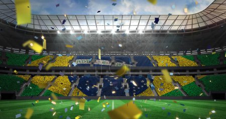 Téléchargez les photos : Image du drapeau du Brésil sur confettis sur le stade. Sport mondial, patriotisme et concept d'interface numérique image générée numériquement. - en image libre de droit