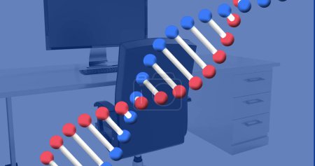 Téléchargez les photos : Image de la structure de l'ADN tournant contre l'ordinateur sur le bureau. . Recherche médicale et concept de technologie d'entreprise - en image libre de droit