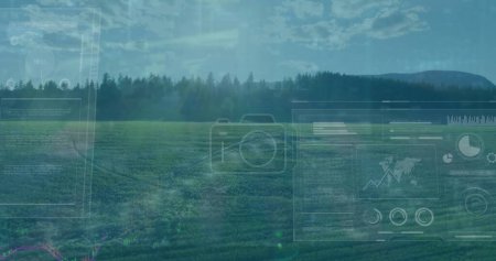 Photo for Image of multiple screens with data processing against aerial view of grassland. Business data technology concept - Royalty Free Image