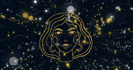 Photo for Image of woman's face representing virgo zodiac sign against floating illuminated lens flares. Illustration, digitally generated, abstract, astrology sign, fortune telling and outer space concept. - Royalty Free Image