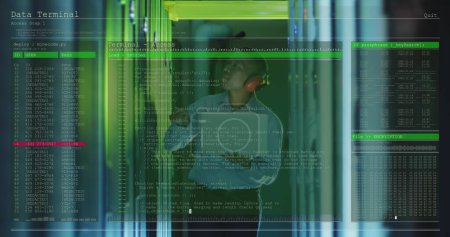 Image of data processing over african american male worker in server room. Computer security day and celebration concept digitally generated image.