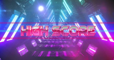 Image of high score text between lines over looping triangular tunnel. Digitally generated, hologram, illustration, illuminated, record, image game, arcade, futuristic and technology concept.