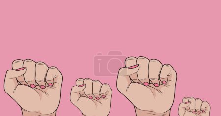 Foto de Image of raising fists on pink background. Global education and digital interface concept digitally generated image. - Imagen libre de derechos
