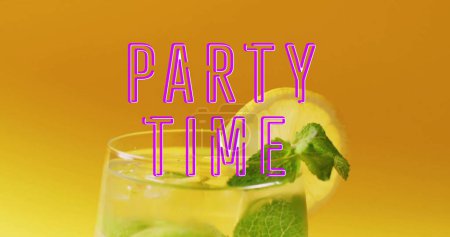 Photo for Image of party time neon text and cocktail on orange background. Party, drink, entertainment and celebration concept digitally generated image. - Royalty Free Image