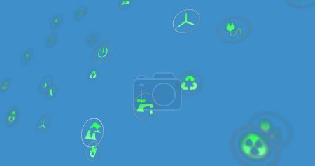 Bild von mehreren digitalen Energiekonzept-Symbolen, die vor blauem Hintergrund schweben. Energie- und Umweltkonzept