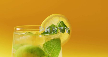 Photo for Image of party neon text and cocktail on yellow background. Party, drink, entertainment and celebration concept digitally generated image. - Royalty Free Image
