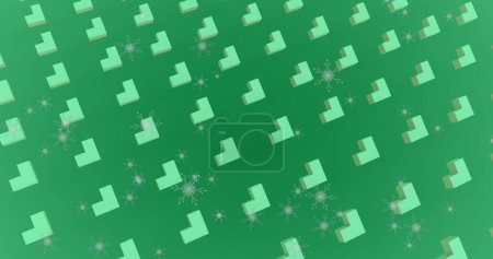 Photo for Image of christmas snow falling over pattern on green background. Christmas, festivity, celebration and tradition concept digitally generated image. - Royalty Free Image