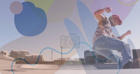 Photo for Image of colourful spots over caucasian man skateboarding. global sport and digital interface concept digitally generated image. - Royalty Free Image