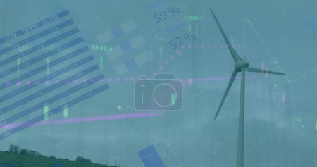Photo for Image of multiple graphs, map and database over low angle view of windmill against clear sky. Digital composite, multiple exposure, report, sustainable energy, power generation and technology. - Royalty Free Image
