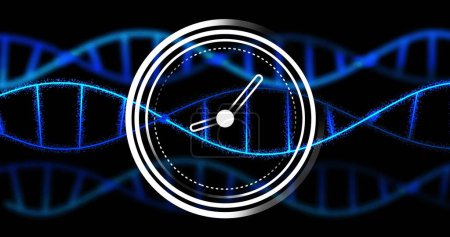 Photo for Image of clock moving over dna strands on black background. Global science and digital interface concept digitally generated image. - Royalty Free Image